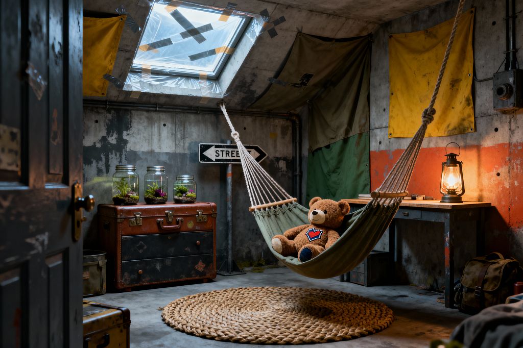 A child’s room styled like a bunker features raw concrete walls, a taped skylight, and an olive canvas hammock holding a teddy bear above a round braided jute rug. A lit oil lantern sits on a steel-and-wood desk, vintage trunks support glass jar terrariums, and green and yellow tarps, a street sign, exposed pipes, and scuffed surfaces complete the scavenged, industrial look.