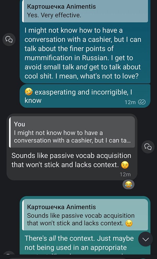 A chat conversation discussing unconventional methods of learning Russian.