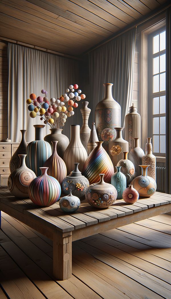 A variety of vases in different materials, shapes, and colors arranged on a wooden table in a well-lit room, showcasing their use as decorative elements in interior design.
