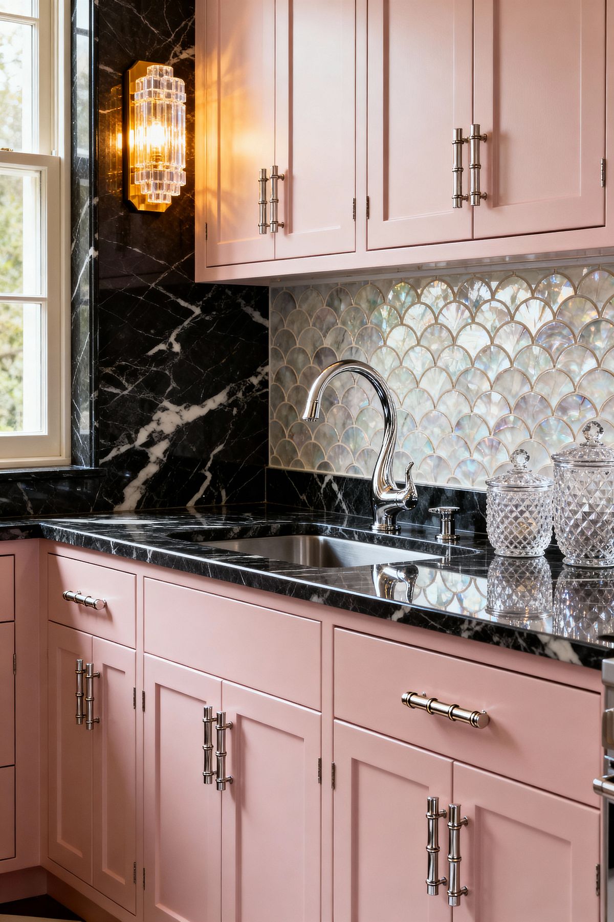 Room AI – Blush Laundry Room with Black Marble Glamour - Interior
