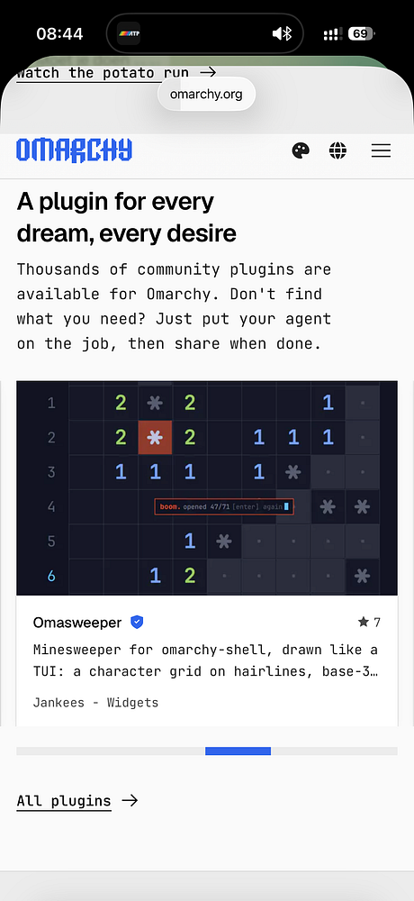 Screenshot of Omarchy.org showcasing six plugins with two highlighted as owned by the user.
