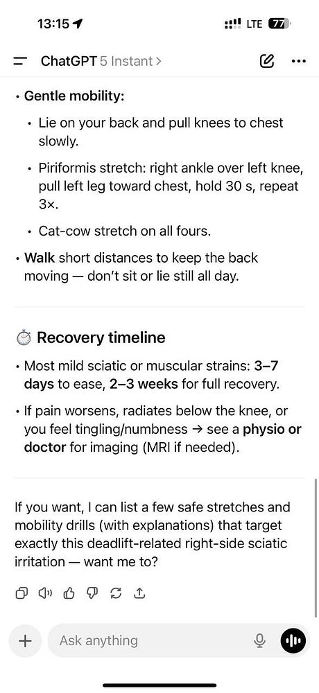 The image displays a chat interface with advice on managing lower back pain and recovery timelines.