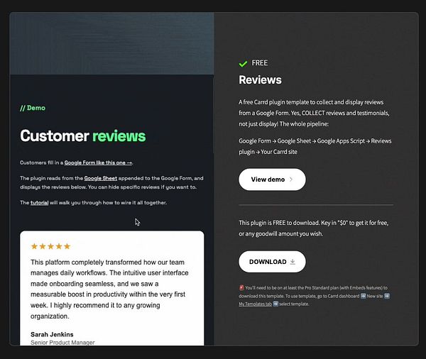 Promotional webpage for a free review collection Carrd plugin with demo and download options.