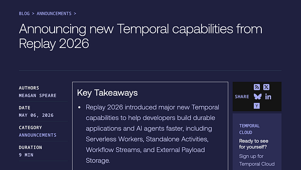 An infographic illustrating four key temporal announcements in 2026 with associated product/service names.