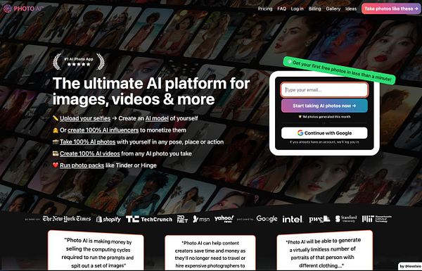 The image displays a promotional webpage for an AI photo platform featuring various AI-generated images and a user interface for signing up.