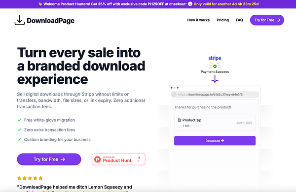The image features a promotional webpage for DownloadPage, highlighting a special discount for Product Hunt users.