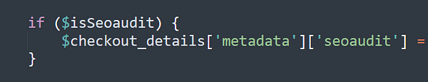 A code snippet written in a programming language, likely PHP, related to an SEO audit task.