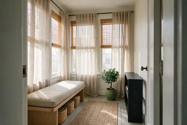 A narrow sunroom with tall windows dressed in sheer linen curtains and woven bamboo blinds, creating soft filtered daylight. The room includes a simple wood bench with a neutral cushion, woven storage baskets underneath, a small potted tree in a green planter, a textured jute rug, and a dark minimalist shelf.