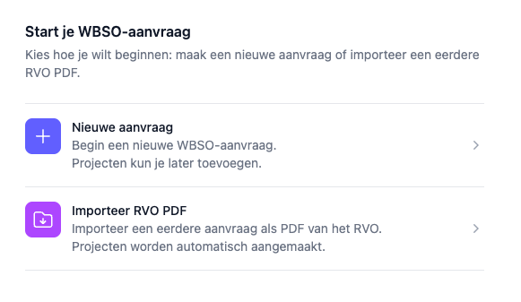 The image displays a user interface for starting a WBSO application.