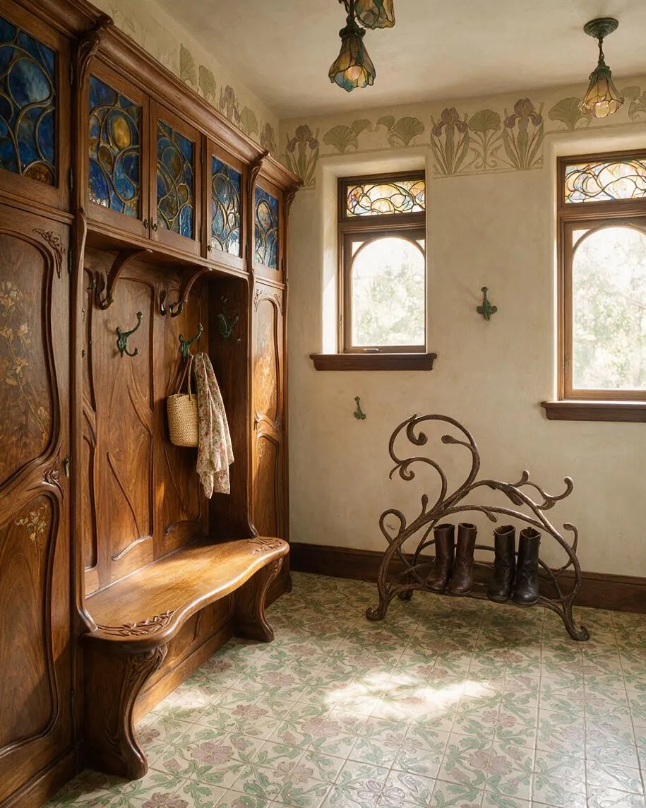A warm Art Nouveau mudroom features a carved wooden built-in bench and storage wall with stained glass cabinet panels in blue and amber. Botanical wall stenciling, floral patterned tile flooring, and a wrought-iron boot rack with rain boots add decorative charm, while soft daylight enters through two wood-trimmed windows.