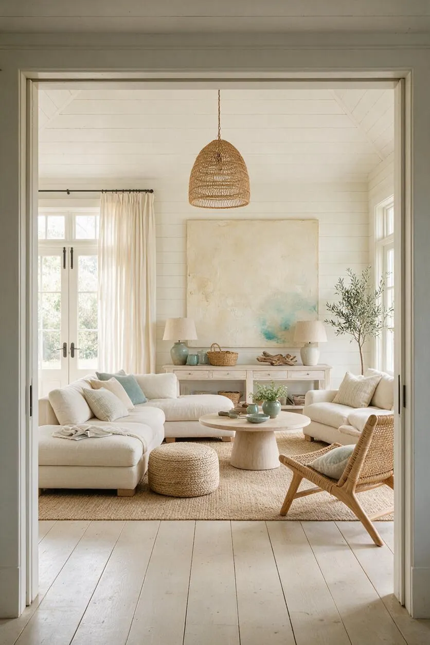 A bright coastal sunroom with white shiplap walls, a vaulted ceiling, and French doors. Cream sectional sofas, a woven pendant light, a round pedestal coffee table, a jute rug, and a rattan chair create a relaxed, breezy seating area with pale blue accents and natural decor.