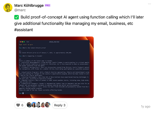 Screenshot of a dark-themed terminal window displaying AI assistant interactions similar to a command-line interface chat with Claude AI.
