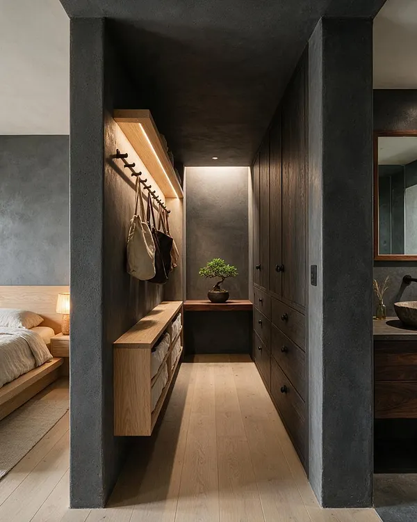 A narrow Japandi-style walk-in closet with dark textured walls, light wood flooring, and built-in cabinetry. Open hanging rails, a floating shelf with folded textiles, and a small bonsai display create a calm, balanced space.