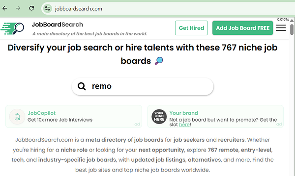 Screenshot of a web page displaying job board search results with various company listings and filters.