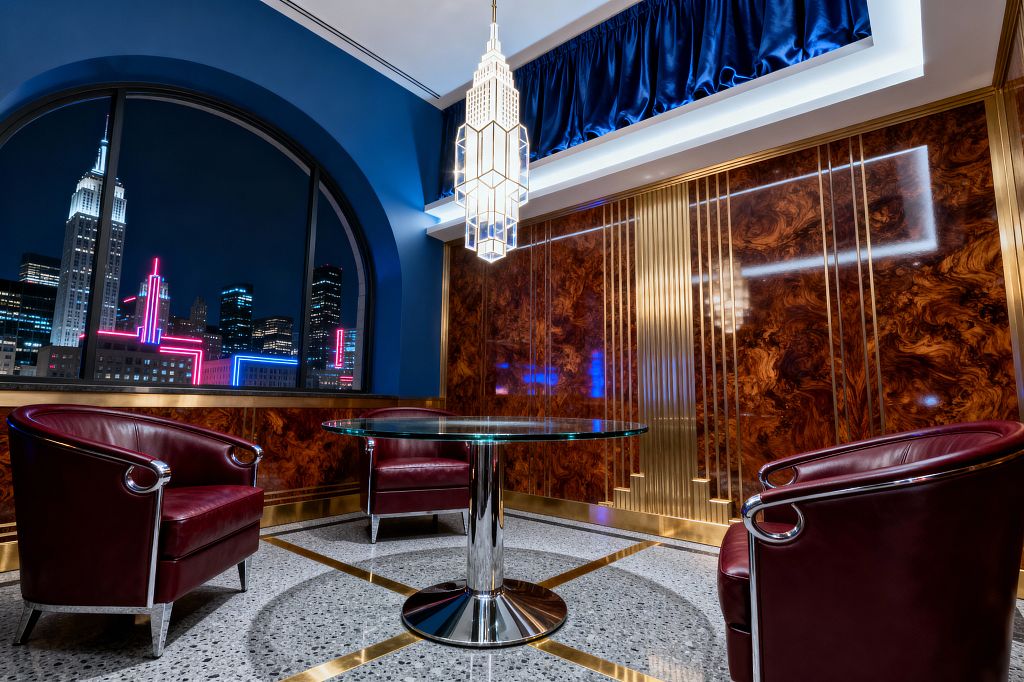 A glamorous Art Deco dining nook overlooks a nighttime skyline through a large arched window. A round glass table on a chrome pedestal is encircled by three burgundy leather club chairs with chrome trim, set on a gray terrazzo floor with brass inlay; high-gloss burl wood wall panels with vertical fluted brass bands and a brass plinth wrap the room, while a geometric skyscraper-style pendant, blue cove lighting, and a gathered royal-blue satin valance add drama and reflect in the polished surfaces.
