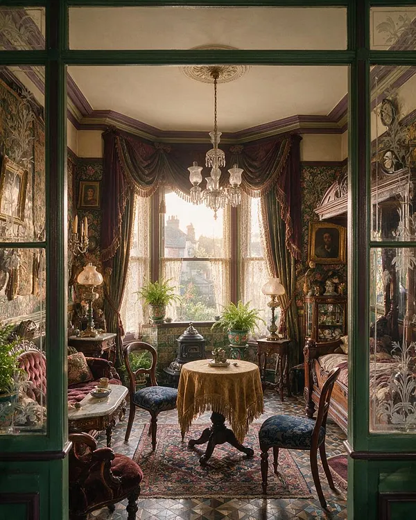 A richly decorated Victorian-style front porch enclosed with green-framed glass panels, patterned wallpaper, and heavy drapery around a bright central window. The room includes a small round table, upholstered antique chairs, a chandelier, potted plants, and ornate wood furniture in deep jewel tones and gold.