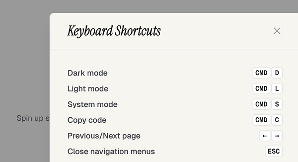 A pop-up window displaying keyboard shortcuts for a user interface.