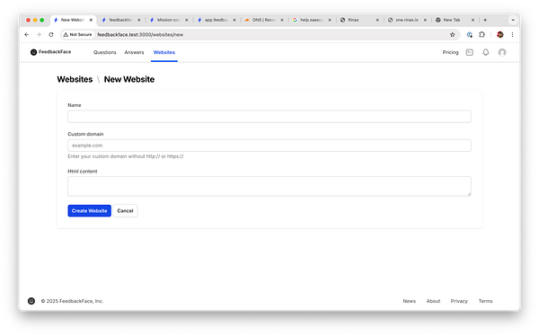 The image displays a web interface for creating a new website on the FeedbackFace platform.