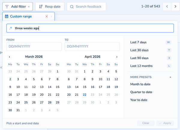 A screenshot of a user interface showing filters with date selections and a new Stripe-inspired date component.