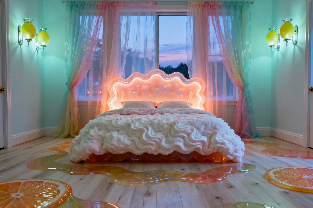 Bedroom centered on a whimsical bed with a glowing, wavy acrylic headboard resembling dripping icing. The bed has thick, ruffled white bedding and sits on light wood floors with translucent resin puddles and citrus-slice inlays. Mint-green walls and pastel ombré sheer curtains frame a large window at sunset, while two chrome wall sconces with lemon-shaped glass shades cast soft yellow and teal light across the room.