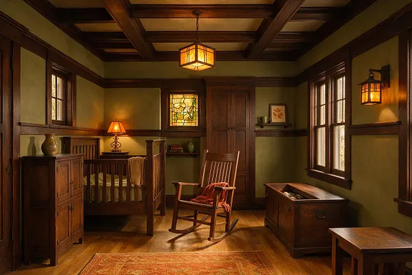 A Craftsman-style kids' room with dark wood trim and coffered ceiling, olive green walls, and warm amber lighting. The room includes a wooden crib, rocking chair, chest, small cabinet, stained-glass window, and a patterned rug, creating a cozy traditional nursery.