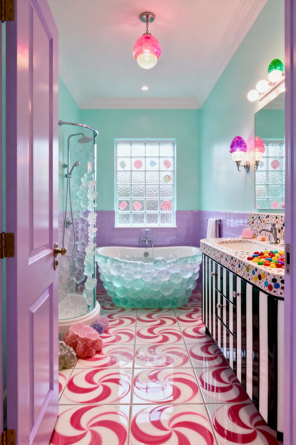 A whimsical bathroom in pastel hues features mint walls, a lilac door and wainscot, and a glossy pink-and-white peppermint swirl tile floor. At the center is a freestanding tub wrapped in translucent aqua and clear bubble-like spheres beneath a glass-block window with candy motifs; to the left a curved glass shower with chrome fixtures, and to the right a black-and-white striped vanity with a confetti-pattern resin countertop and gumdrop-inspired lighting.