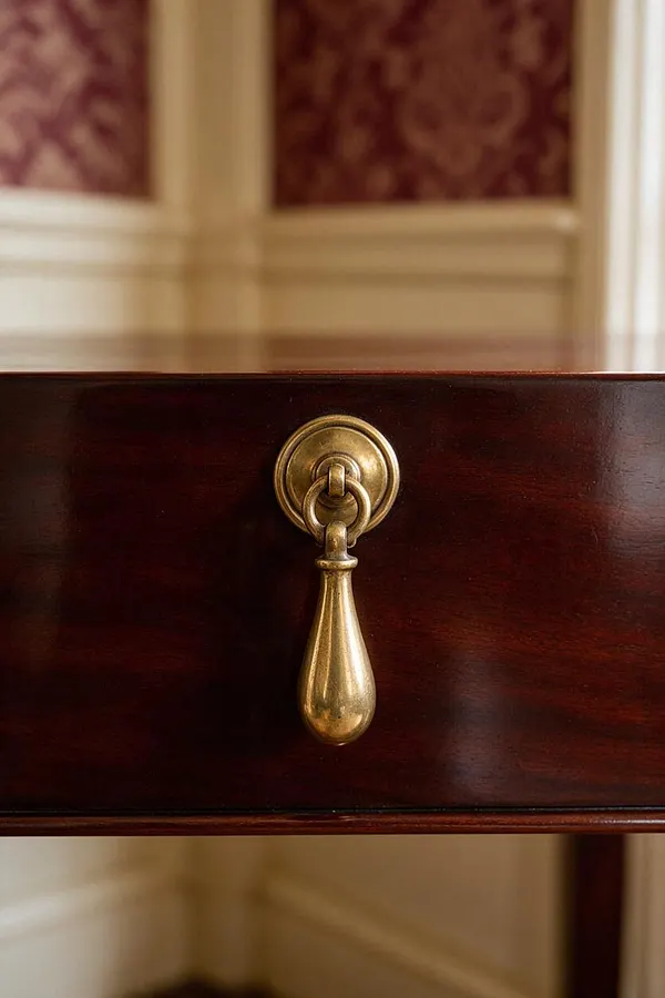 A close-up of a dark mahogany wooden drawer front with a polished brass drop pull centered on the panel. The blurred background shows cream trim and deep red patterned wall covering, reinforcing the traditional setting.