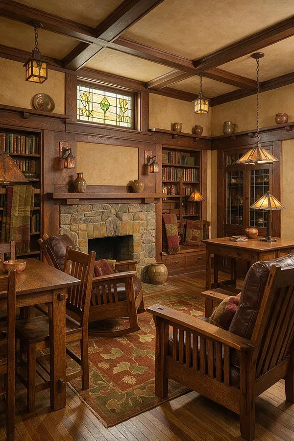 A cozy Craftsman-style basement library with rich wood paneling, built-in bookshelves, and a stone fireplace centered on the back wall. Stained glass accents, amber pendant lights, leather seating, and a patterned area rug create a warm, traditional atmosphere.