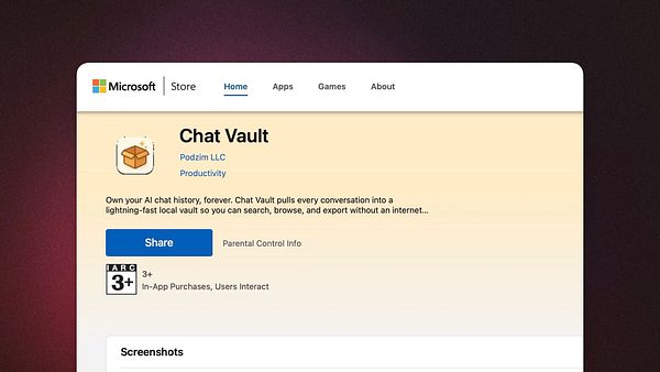 The image displays the Microsoft Store page for the app 'Chat Vault' by Podzim LLC.