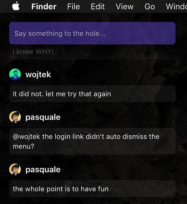 A chat interface displaying a conversation among users discussing a desktop widget.