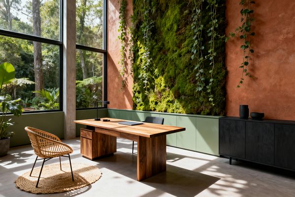 A biophilic home office features a solid wood desk and a black task lamp facing floor-to-ceiling windows with views of dense forest. A living moss wall with trailing vines spans a textured terracotta plaster wall above sage green low cabinets, with a rattan chair on a round jute rug, a matte black credenza, potted plants, and a polished concrete floor illuminated by abundant natural light.