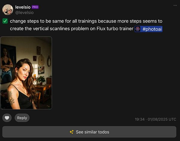 A woman with long hair and a tattoo poses in a well-lit room, accompanied by a task description about model training steps.