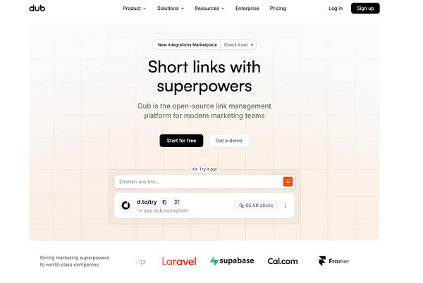 The image displays the homepage of the Dub link management platform.
