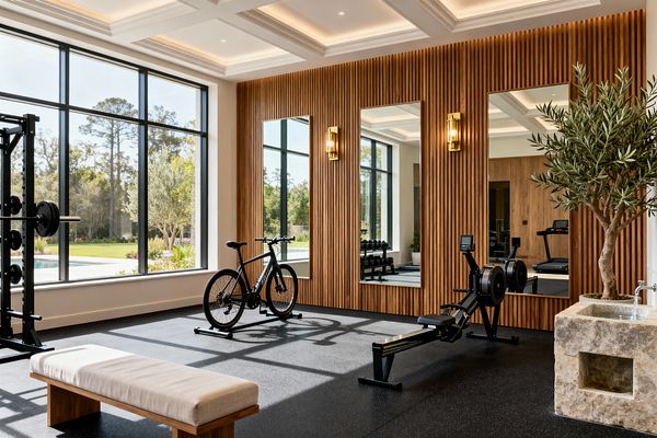 A sunlit home gym with floor-to-ceiling black-framed windows overlooks a garden and pool. Inside, a coffered ceiling with cove lighting illuminates a vertical slatted wood wall with three tall mirrors and brass sconces, black rubber flooring with a rower, a bicycle on a stand, a weight rack and linen-topped bench, plus a rough-hewn limestone sink and a potted tree.
