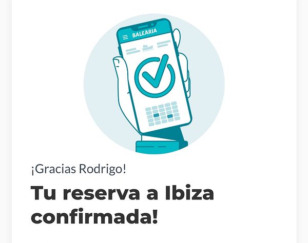A confirmation message for a ferry reservation to Ibiza.