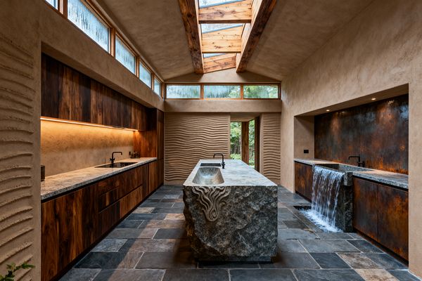 A long, symmetrical kitchen features a rough-hewn granite island with an integrated sink, dark walnut cabinets, stone counters, and slate flagstone floors. On the right a secondary sink forms a cascading waterfall into a recessed floor rill before a patinated steel backsplash, while raked plaster walls, clerestory windows, and timber-framed skylights fill the space with soft natural light and frame a view to the garden.