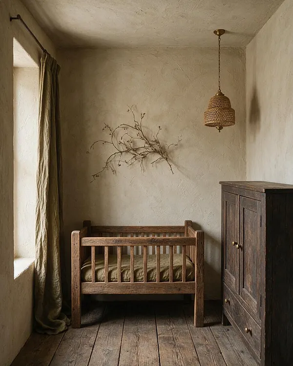 A serene nursery with a small wooden crib centered against textured beige plaster walls, a dark wooden cabinet on the right, and a woven pendant light hanging overhead. A sheer olive curtain softens the window on the left, while weathered wood floors and a sparse branch arrangement emphasize the room's natural, minimalist Wabi-Sabi character.