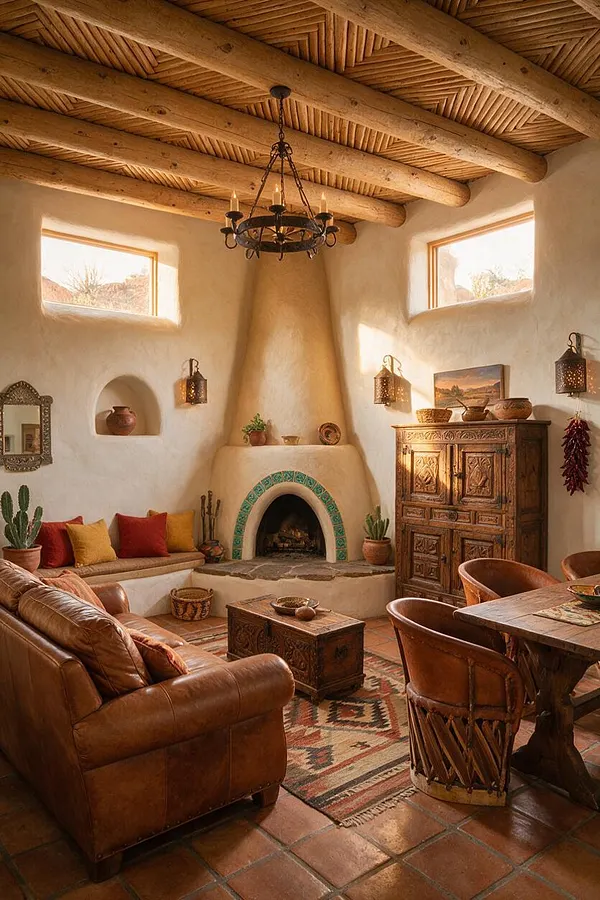 A Southwestern-style basement with thick exposed wood beams, smooth adobe-style walls, and a centered kiva fireplace accented with turquoise tile. The room includes leather seating, carved wood furniture, patterned textiles, small clerestory windows, and warm lantern-style lighting.