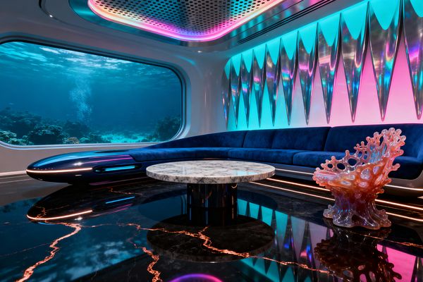 A futuristic living room faces a vast underwater view through a panoramic window. A deep blue velvet sectional wraps the wall around a round white marble coffee table with a dark cylindrical base. The glossy black marble floor with copper veining reflects neon cyan and magenta light. One wall displays mirrored fin-shaped metal panels, while the ceiling features perforated panels with gradient LEDs. A translucent coral-inspired resin chair sits opposite the sofa.