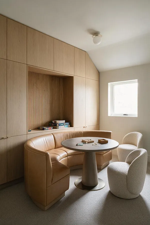 A modern game room with a curved tan leather banquette, two white boucle chairs, and a round pedestal table. Built-in oak cabinetry with a recessed slatted niche fills the back wall, while a small window and soft neutral finishes keep the room bright and minimal.