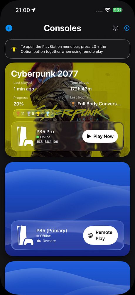 The image displays a user interface for remote play on a gaming console, featuring game details and console status.