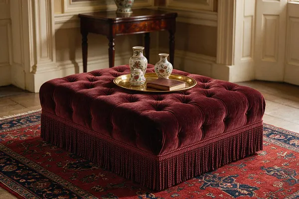 A traditional living room features a large square ottoman upholstered in deep burgundy velvet with button tufting and fringe trim. A brass tray on top holds two floral porcelain vases and a small book, set over a red patterned rug in a room with cream paneled walls and a dark wood side table.