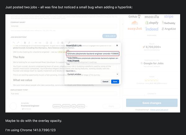 The image displays a screenshot of a job posting interface with a hyperlink insertion dialog box open.