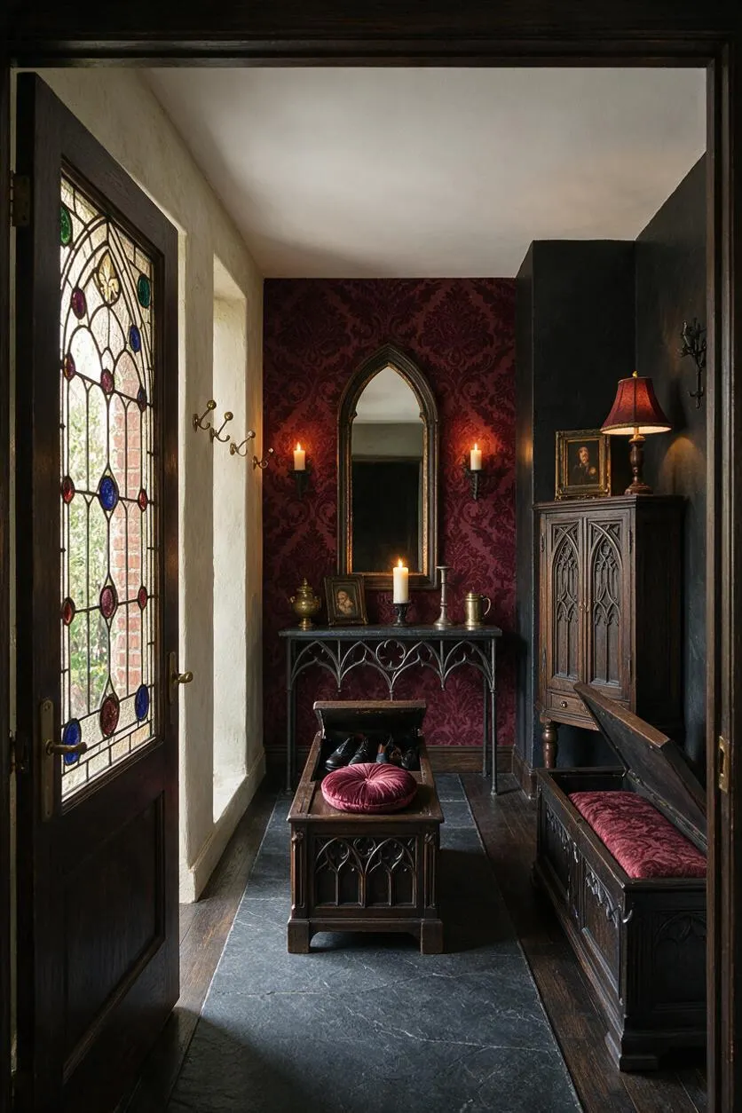 A narrow Gothic-style entryway with a stained glass front door, dark wood furniture, and burgundy damask wallpaper. The space features an arched mirror, lit candles, a slate floor runner, and a carved wooden bench with a velvet cushion, creating a moody, historic atmosphere.