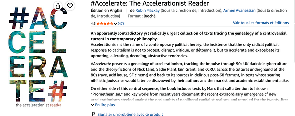 Book listing for '#Accelerate: The Accelerationist Reader' with description and ratings on a retail website.