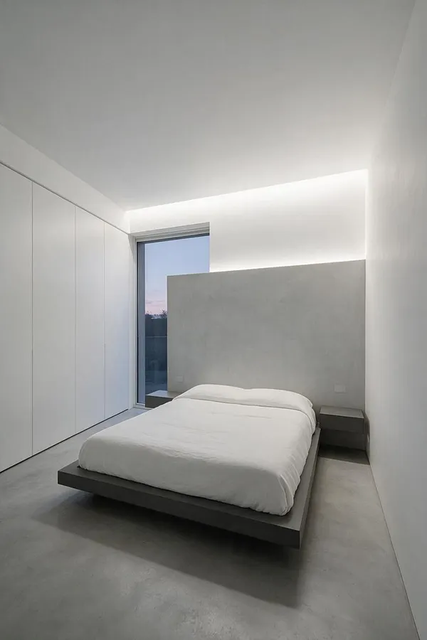 A sparse minimalist master bedroom with a low platform bed centered against a smooth gray headboard wall, white bedding, and dark bedside tables. Floor-to-ceiling white built-in wardrobes line one side, while a tall narrow window brings in soft dusk light.