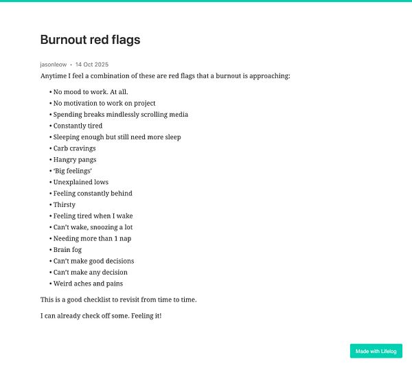 A checklist of burnout red flags is presented in a clean, organized format.