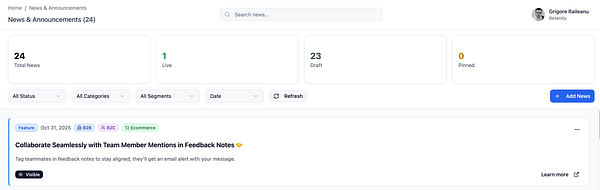 The image displays the News & Announcements section of an Admin UI for a platform called Retently.