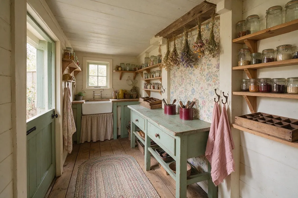 A cozy cottagecore backyard potting room with painted mint-green cabinetry, open wooden shelves filled with glass jars, and a farmhouse sink under a small window. Dried herbs hang from a beam above a floral wallpaper accent wall, while a worn wooden worktable, linen towels, and rustic woven rug add a warm, handcrafted feel.