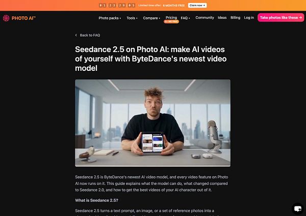 Website design mockup displaying a structured layout for Seedance 2.5 with navigation and content areas.